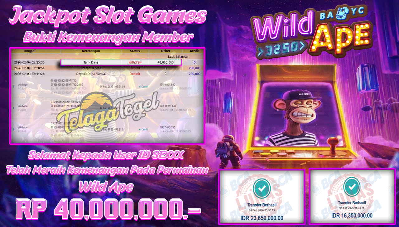 TELAGATOGEL JACKPOT SLOT WILD APE Rp 40,000,000.- LUNAS  
