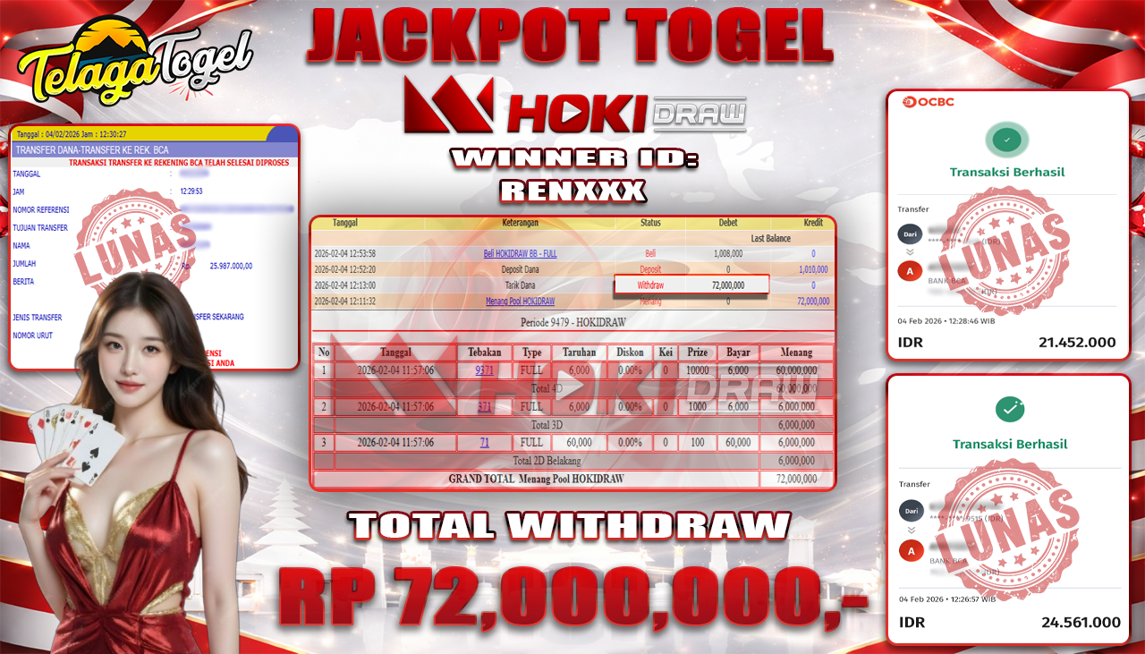 TELAGATOGEL JACKPOT TOGEL HOKIDRAW POOL Rp 72,000,000.- LUNAS  
