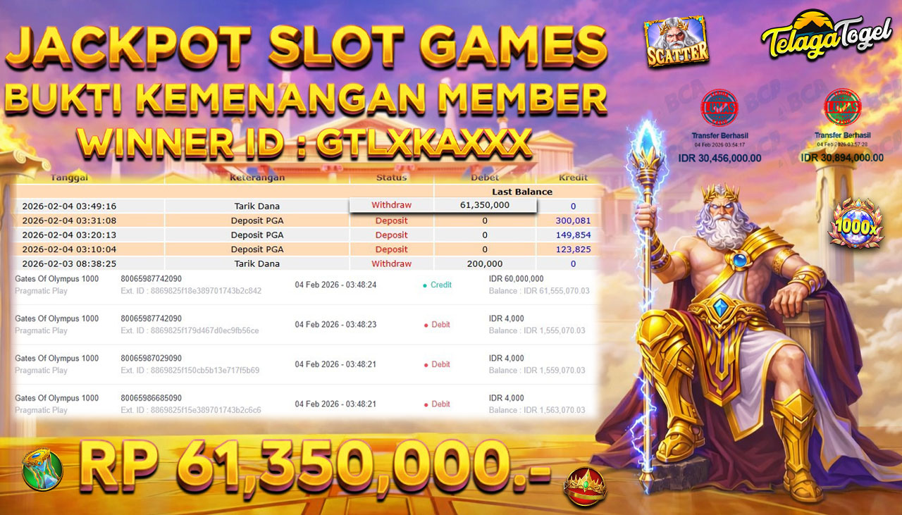 TELAGATOGEL JACKPOT SLOT GATES OF OLYMPUS 1000 Rp 61,350,000.- LUNAS  