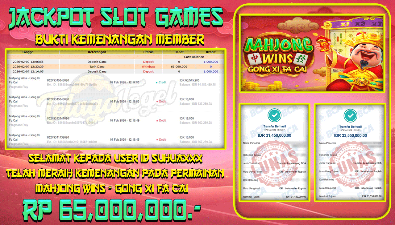 TELAGATOGEL JACKPOT SLOT MAHJONG WINS - GONG XI FA CAI Rp 65,000,000.- LUNAS  