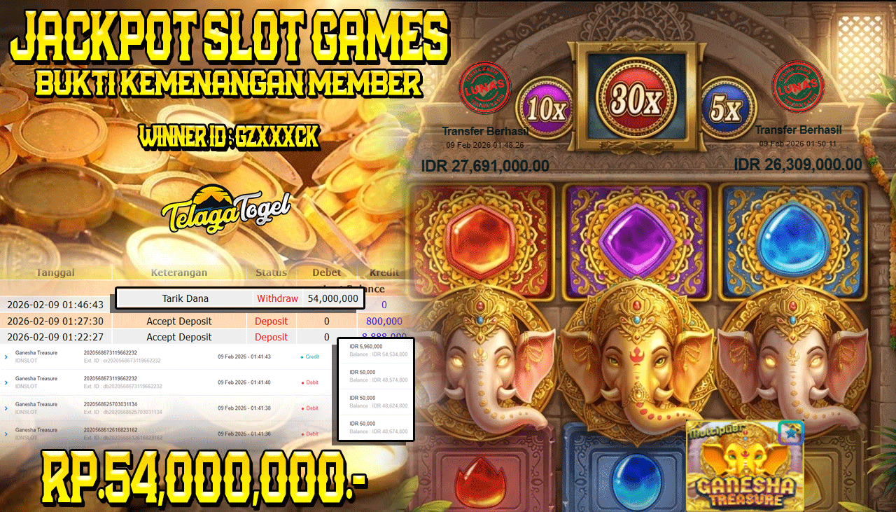 TELAGATOGEL JACKPOT SLOT GANESHA TREASURE Rp 54,000,000.- LUNAS  