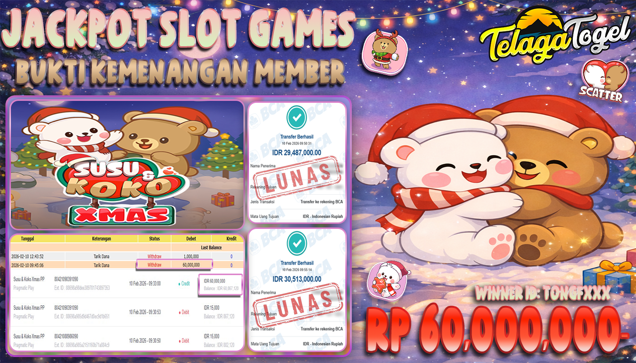 TELAGATOGEL JACKPOT SLOT SUSU & KOKO - XMAS Rp 60,000,000.- LUNAS  