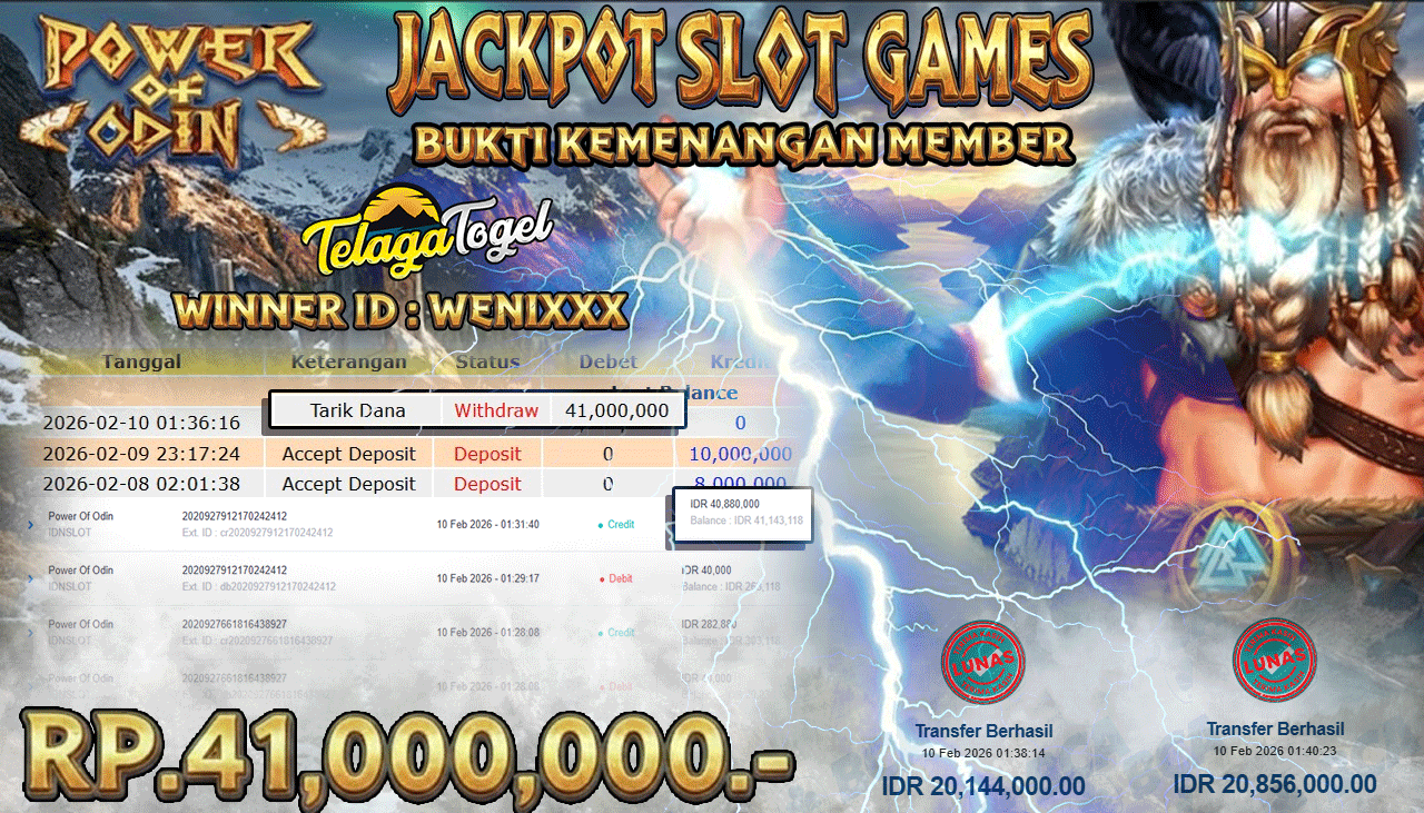 TELAGATOGEL JACKPOT SLOT POWER OF ODIN  Rp 41,000,000.- LUNAS  
