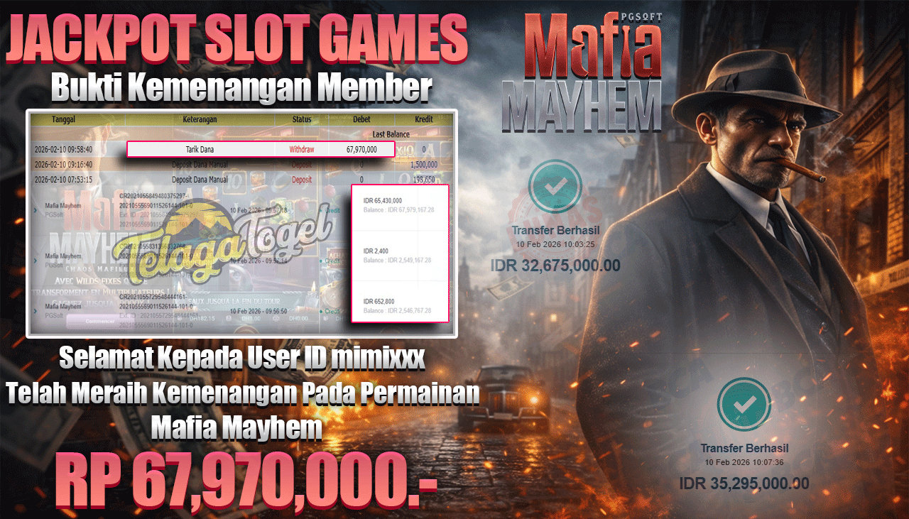 TELAGATOGEL JACKPOT SLOT MAFIA MAYHEM Rp 67,970,000.- LUNAS  
