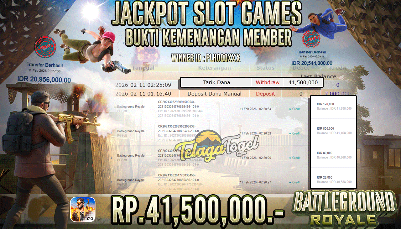 TELAGATOGEL JACKPOT SLOT BATTLEGROUND ROYALE Rp 41,500,000.- LUNAS  