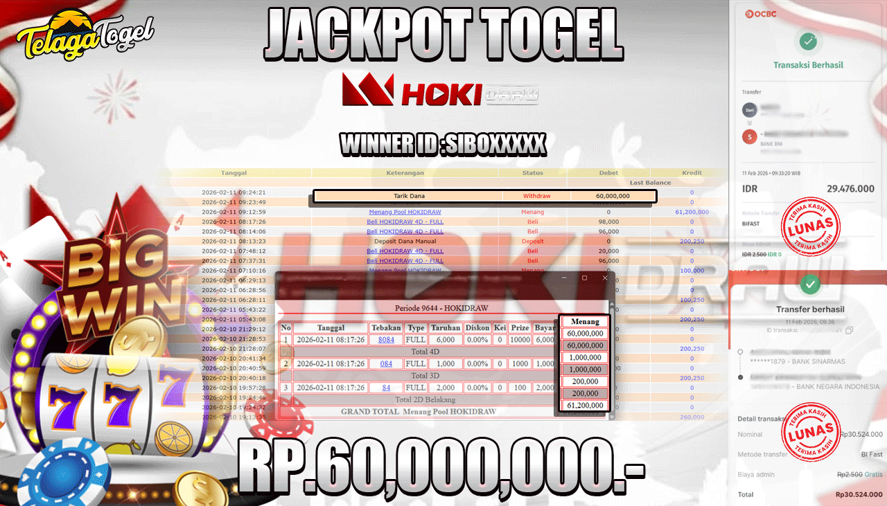TELAGATOGEL JACKPOT TOGEL HOKIDRAW Rp 60,000,000.- LUNAS  