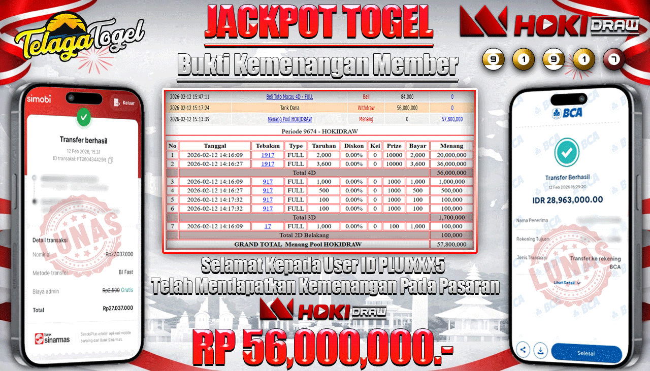 TELAGATOGEL JACKPOT TOGEL HOKIDRAW Rp 56,000,000.- LUNAS  