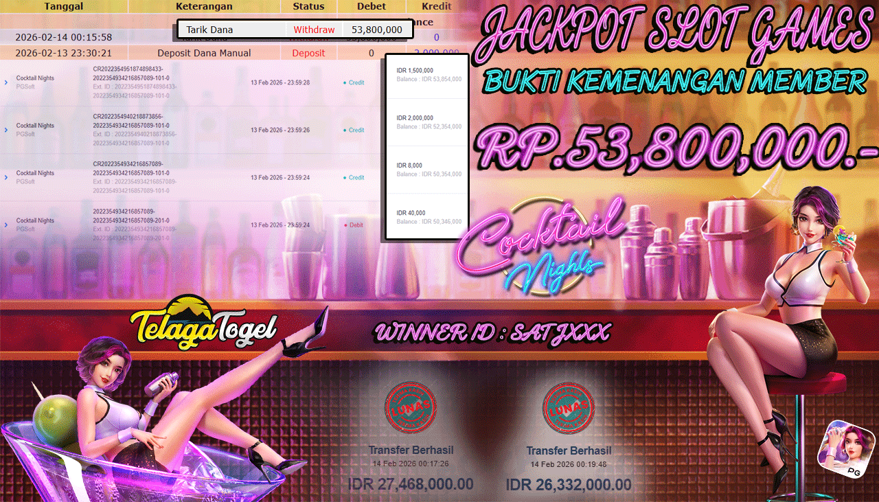TELAGATOGEL JACKPOT SLOT COCKTAIL NIGHTS Rp 53,800,000.- LUNAS  