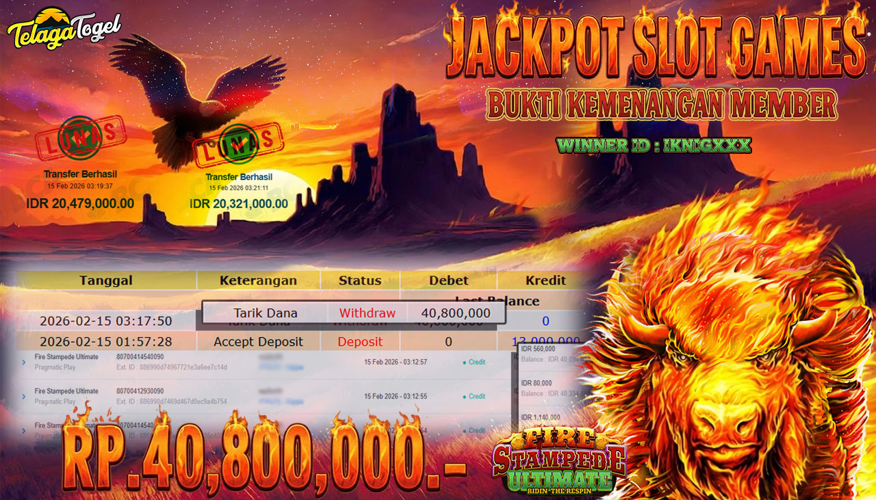 TELAGATOGEL JACKPOT SLOT FIRE STAMPEDE ULTIMATE Rp 40,800,000.- LUNAS  