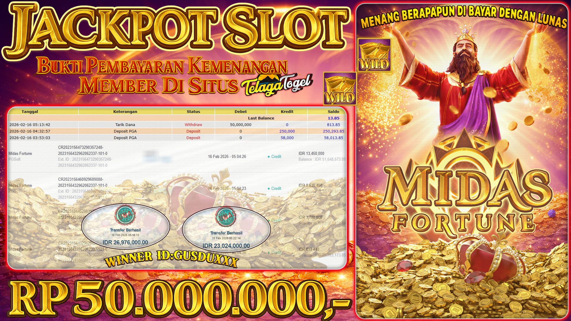 TELAGATOGEL JACKPOT SLOT MIDAS FORTUNE Rp 50,000,000.- LUNAS  