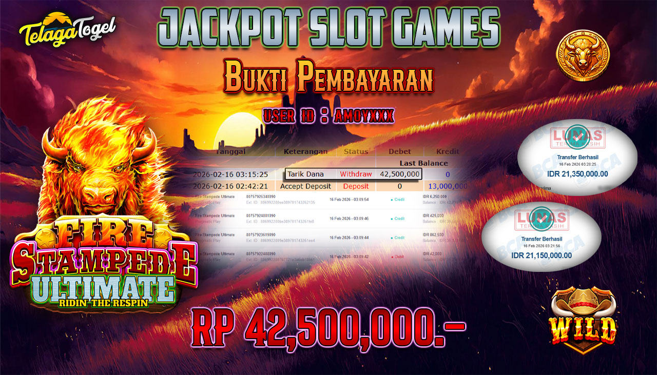 TELAGATOGEL JACKPOT SLOT FIRE STAMPEDE ULTIMATE Rp 42,500,000.- LUNAS  