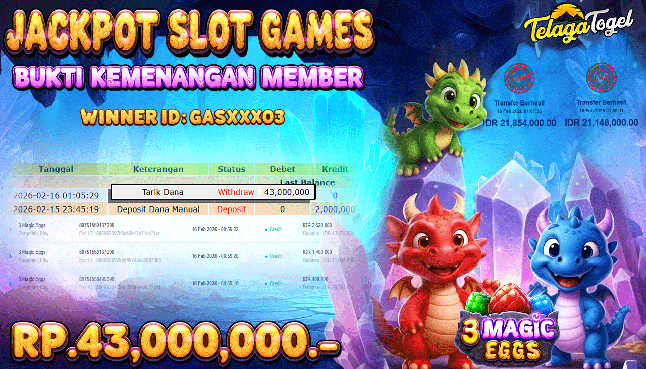 TELAGATOGEL JACKPOT SLOT 3 MAGIC EGGS Rp 43,000,000.- LUNAS  
