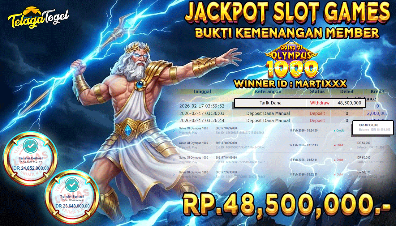 TELAGATOGEL JACKPOT SLOT GATES OF OLYMPUS 1000 Rp 48,500,000.- LUNAS  