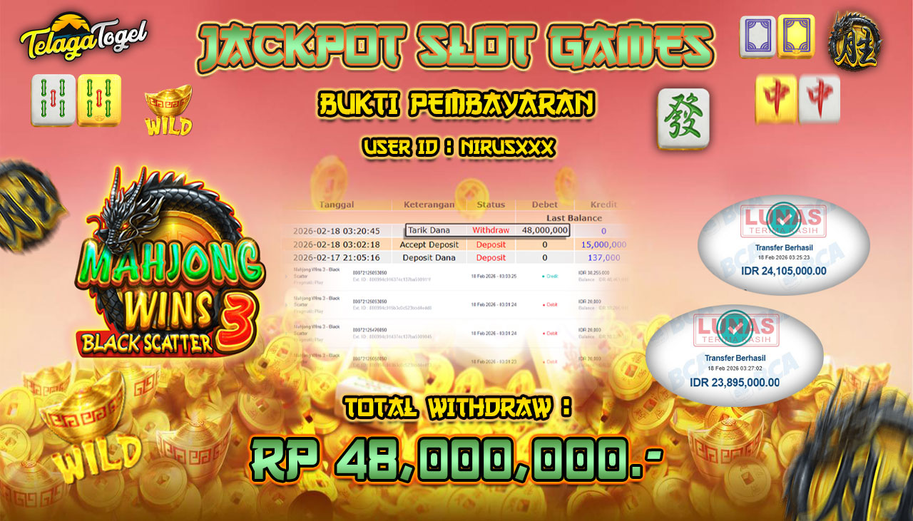 TELAGATOGEL JACKPOT SLOT MAHJONG WINS 3 -  BLACK SCATTER Rp 48,000,000.- LUNAS  