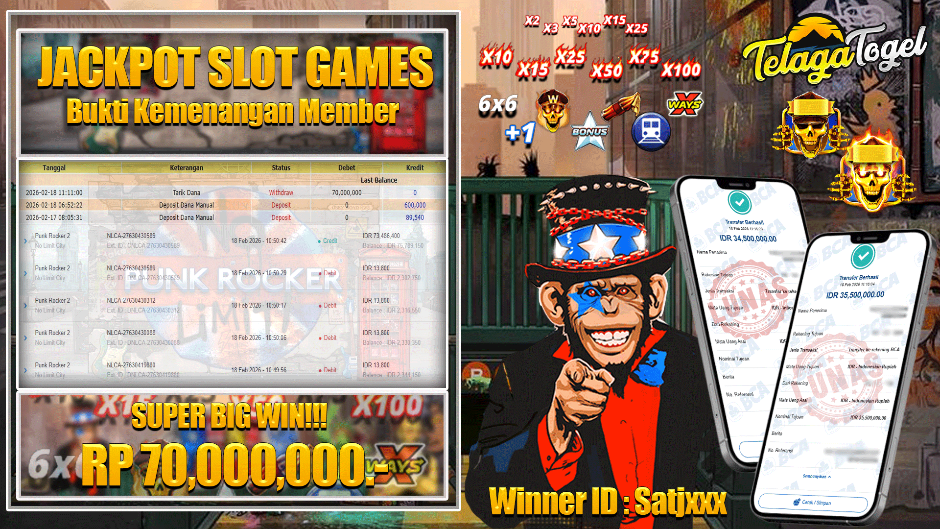 TELAGATOGEL JACKPOT SLOT PUNK ROCKER 2 (NO LIMIT CITY) Rp 70,000,000.- LUNAS  