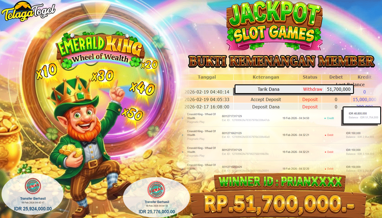 TELAGATOGEL JACKPOT SLOT EMERALD KING WHEEL OF WEALTH (PRAGMATIC PLAY) Rp 51,700,000.- LUNAS  