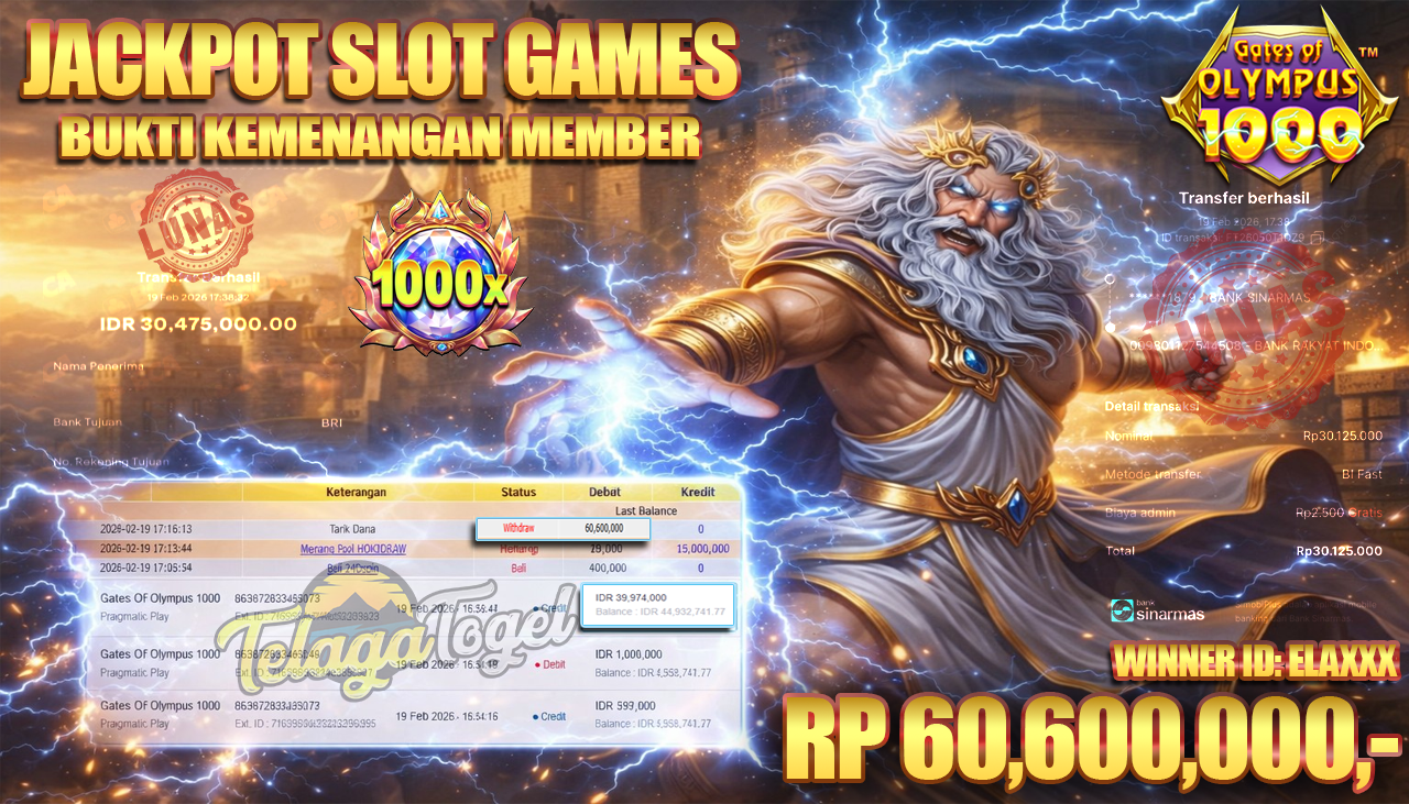 TELAGATOGEL JACKPOT SLOT GATES OF OLYMPUS 1000 Rp 60,600,000.- LUNAS  