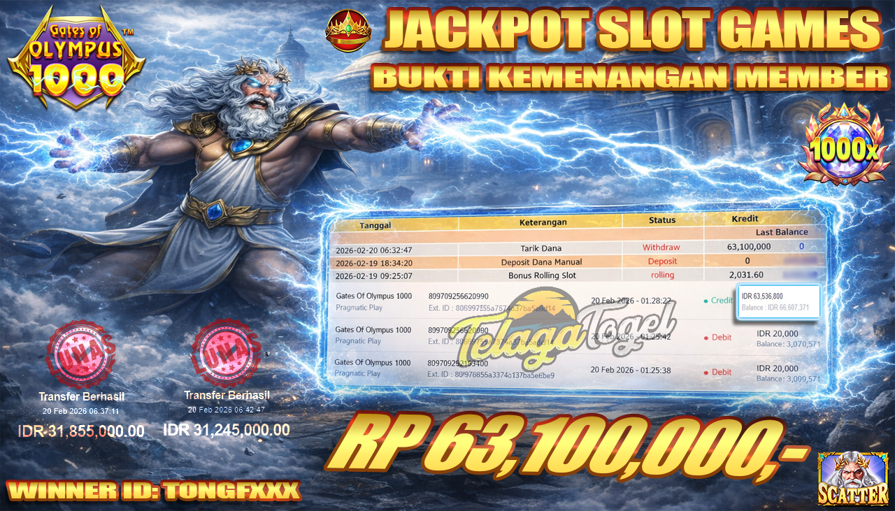 TELAGATOGEL JACKPOT SLOT GATES OF OLYMPUS 1000 Rp 63,100,000.- LUNAS  