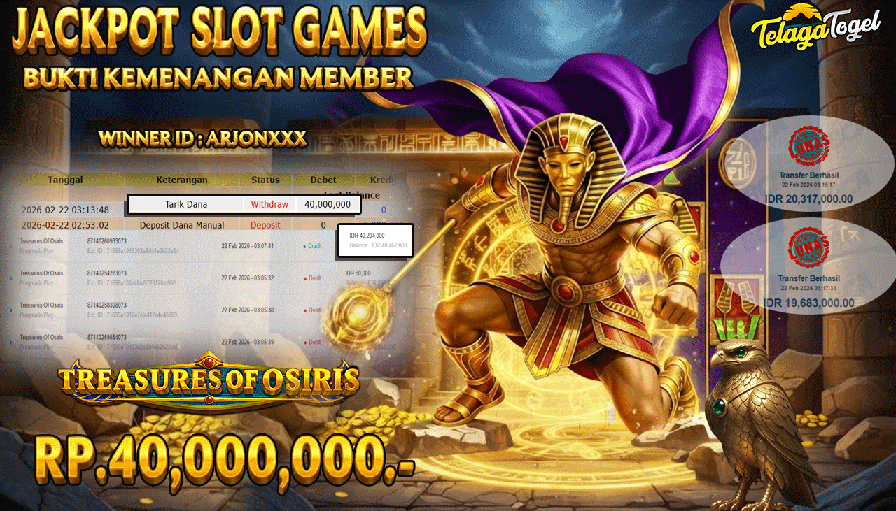 TELAGATOGEL JACKPOT SLOT TREASURES OF OSIRIS Rp 40,000,000.- LUNAS  