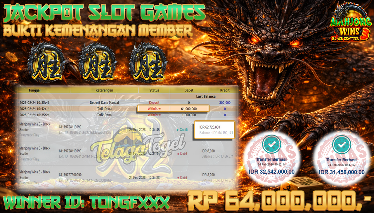 TELAGATOGEL JACKPOT SLOT MAHJONG WINS 3 - BLACK SCATTER Rp 64,000,000.- LUNAS