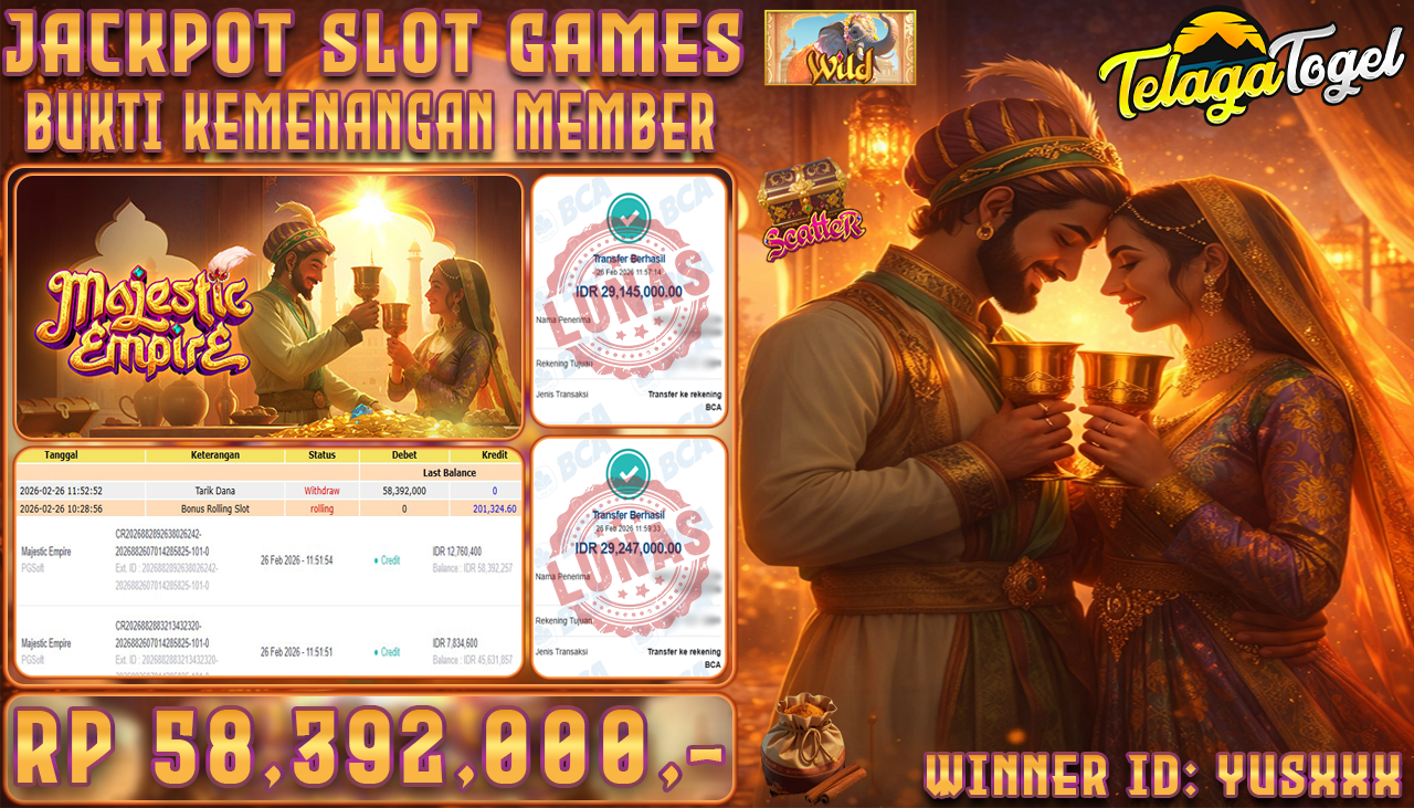 TELAGATOGEL JACKPOT SLOT MAJESTIC EMPIRE - PG SOFT Rp 58,392,000.- LUNAS