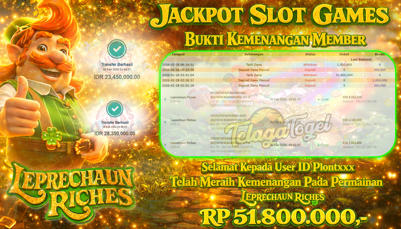 TELAGATOGEL JACKPOT SLOT LEPRECHAUN RICHES ( PG SOFT) Rp 51,800,000.- LUNAS