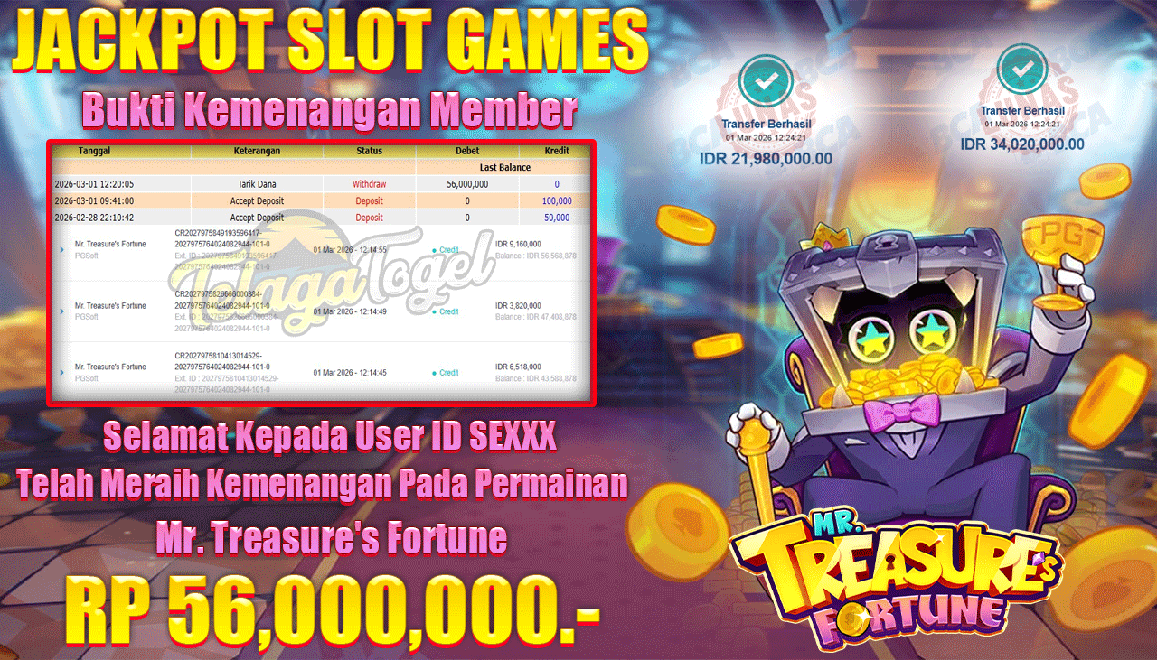 TELAGATOGEL JACKPOT SLOT MR TREASURE'S FORTUNE ( PG SOFT) Rp 56,000,000.- LUNAS