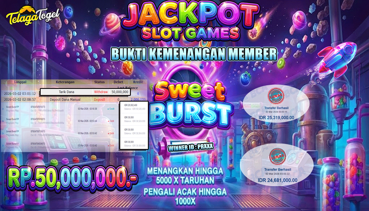 TELAGATOGEL JACKPOT SLOT SWEET BURST ( PRAGMATIC PLAY) Rp 50,000,000.- LUNAS