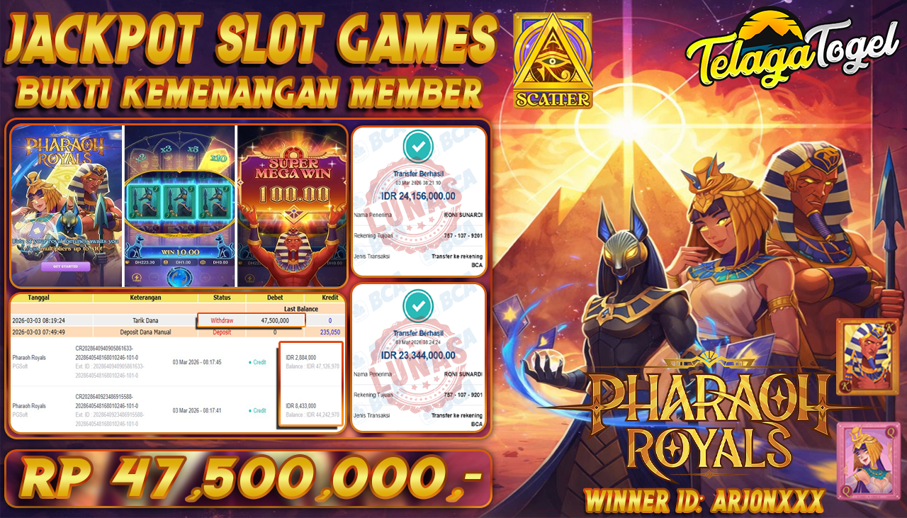 TELAGATOGEL JACKPOT SLOT PHARAOH ROYALS ( PG SOFT ) Rp 47,500,000.- LUNAS