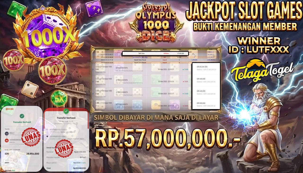 TELAGATOGEL JACKPOT SLOT GATES OF OLYMPUS 1000 DICE ( PRAGMATIC PLAY ) Rp 57,000,000.- LUNAS