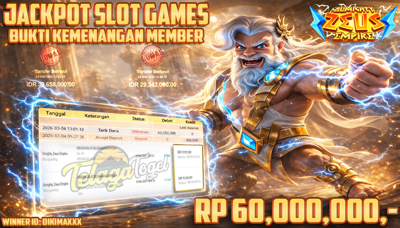 TELAGATOGEL JACKPOT SLOT ALMIGHTY ZEUS EMPIRE ( MICROGAMING ) Rp 60,000,000.- LUNAS