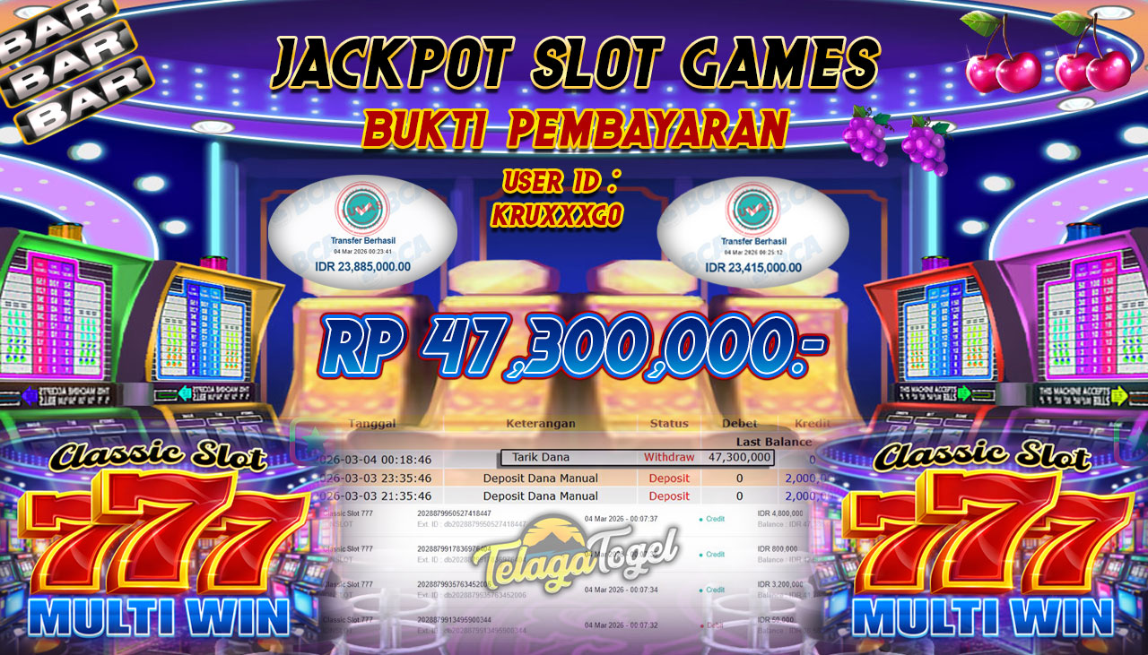 TELAGATOGEL JACKPOT SLOT CLASSIC SLOT 777 ( IDN SLOT ) Rp 47,300,000.- LUNAS