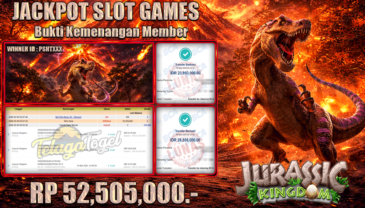 TELAGATOGEL JACKPOT SLOT JURASSIC KINGDOM ( PG SOFT ) Rp 52,505,000.- LUNAS