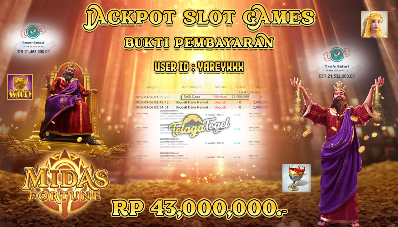TELAGATOGEL JACKPOT SLOT MIDAS FORTUNE ( PG SOFT ) Rp 43,000,000.- LUNAS