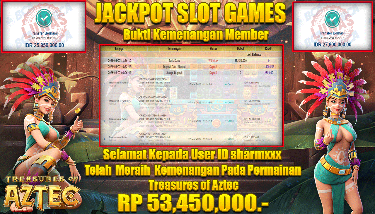 TELAGATOGEL JACKPOT SLOT TREASURES OF AZTEC ( PG SOFT ) Rp 53,450,000.- LUNAS