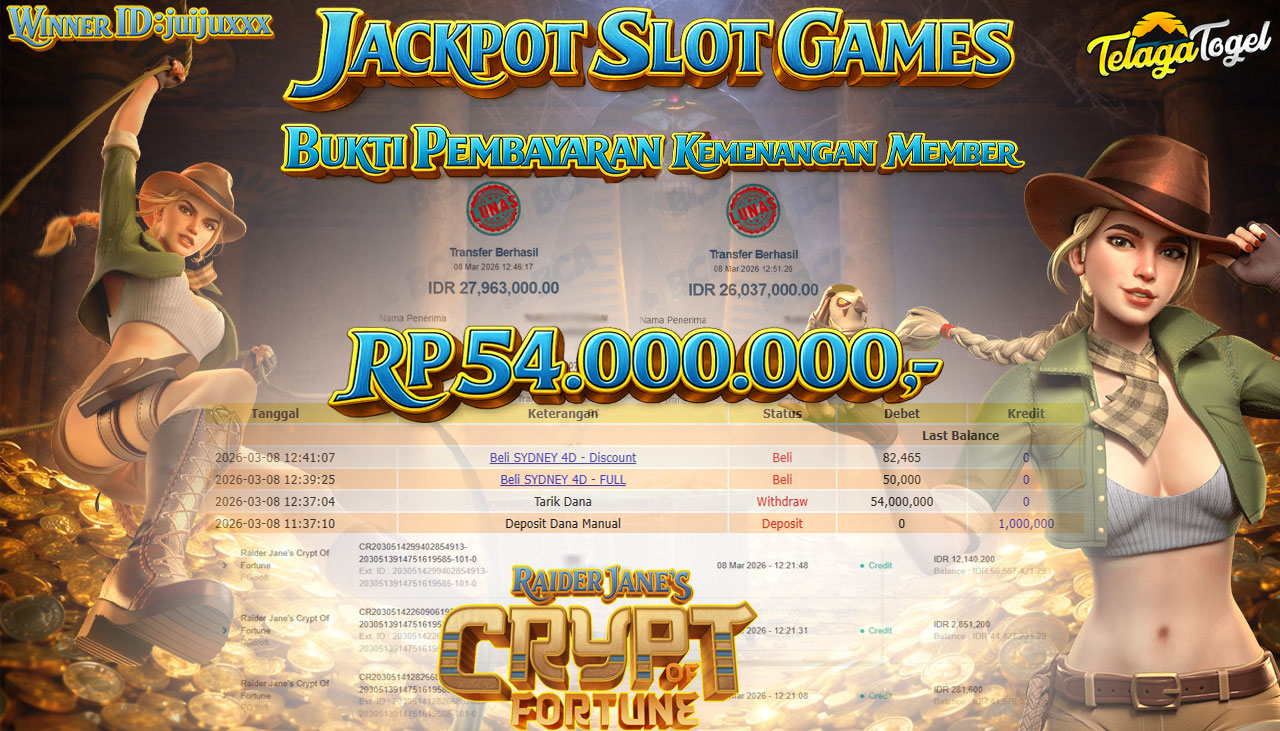 TELAGATOGEL JACKPOT SLOT RAIDER JANES CRYPT OF FORTUNE Rp 54,000,000.- LUNAS