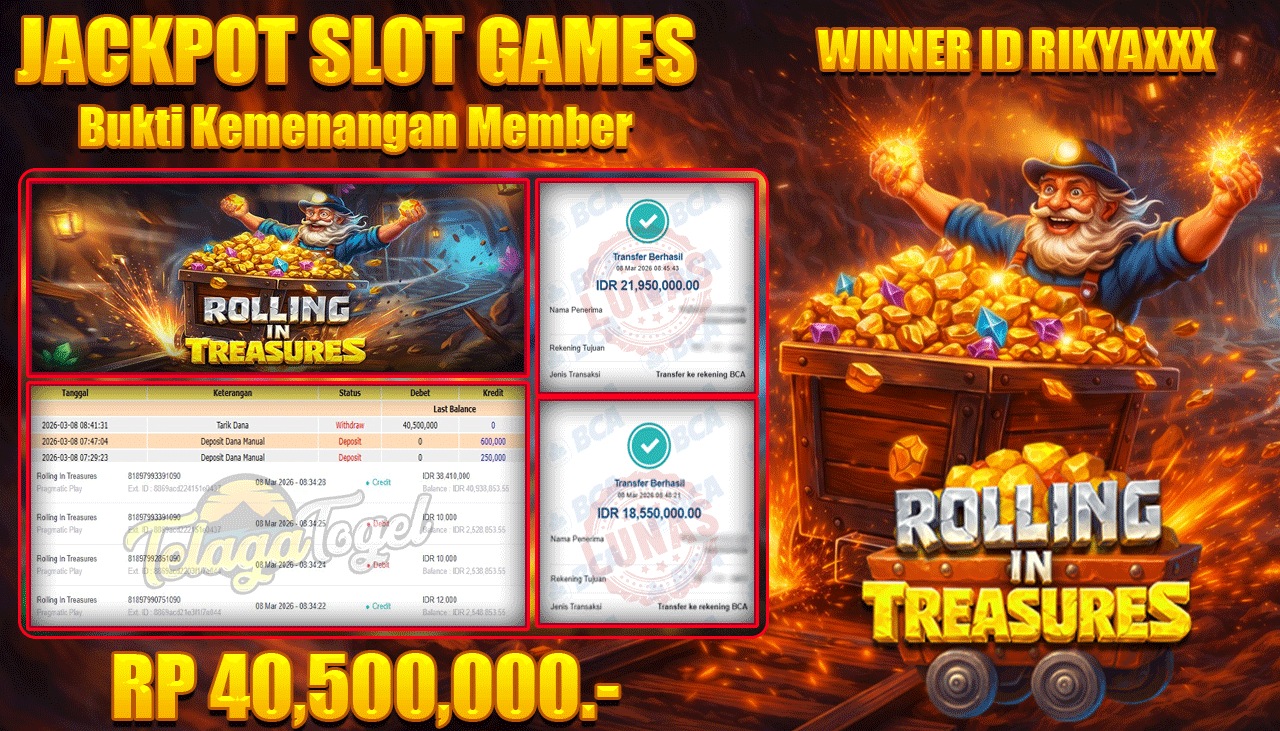 TELAGATOGEL JACKPOT SLOT ROLLING IN TREASURES ( PRAGMATIC PLAY ) Rp 40,500,000.- LUNAS