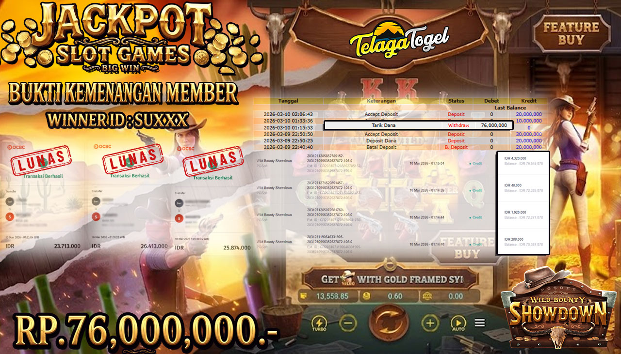 TELAGATOGEL JACKPOT SLOT WILD BOUNTY SHOWDOWN Rp 76,000,000.- LUNAS
