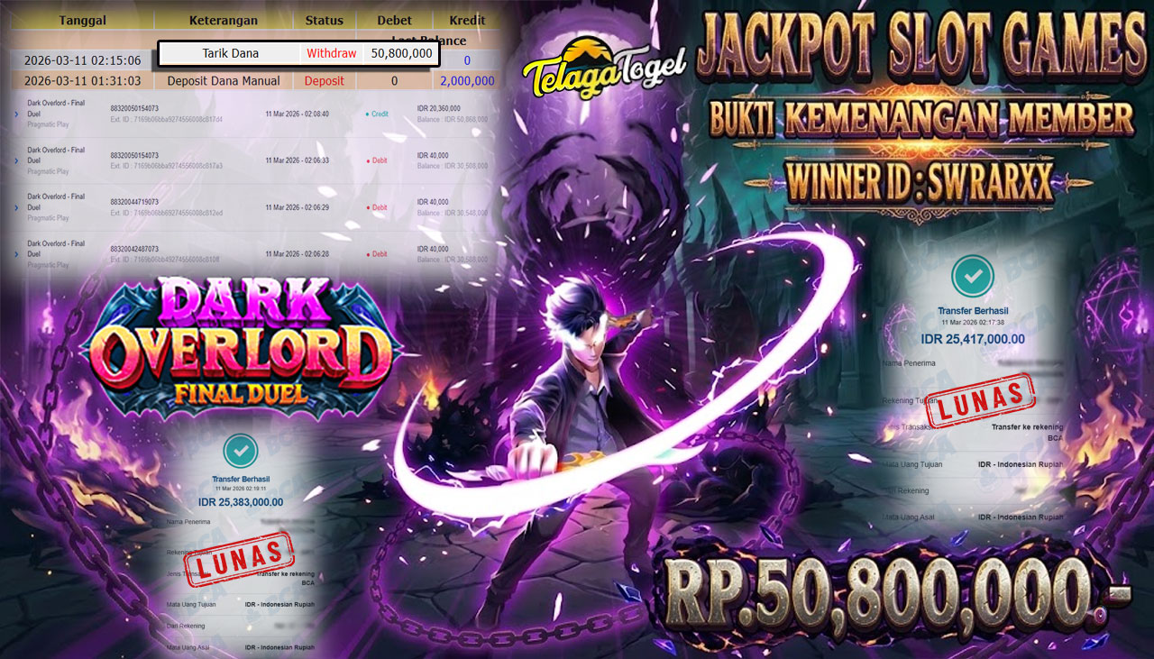 TELAGATOGEL JACKPOT SLOT DARK OVERLORD FINAL DUEL ( PRAGMATIC PLAY) Rp 50,800,000.- LUNAS