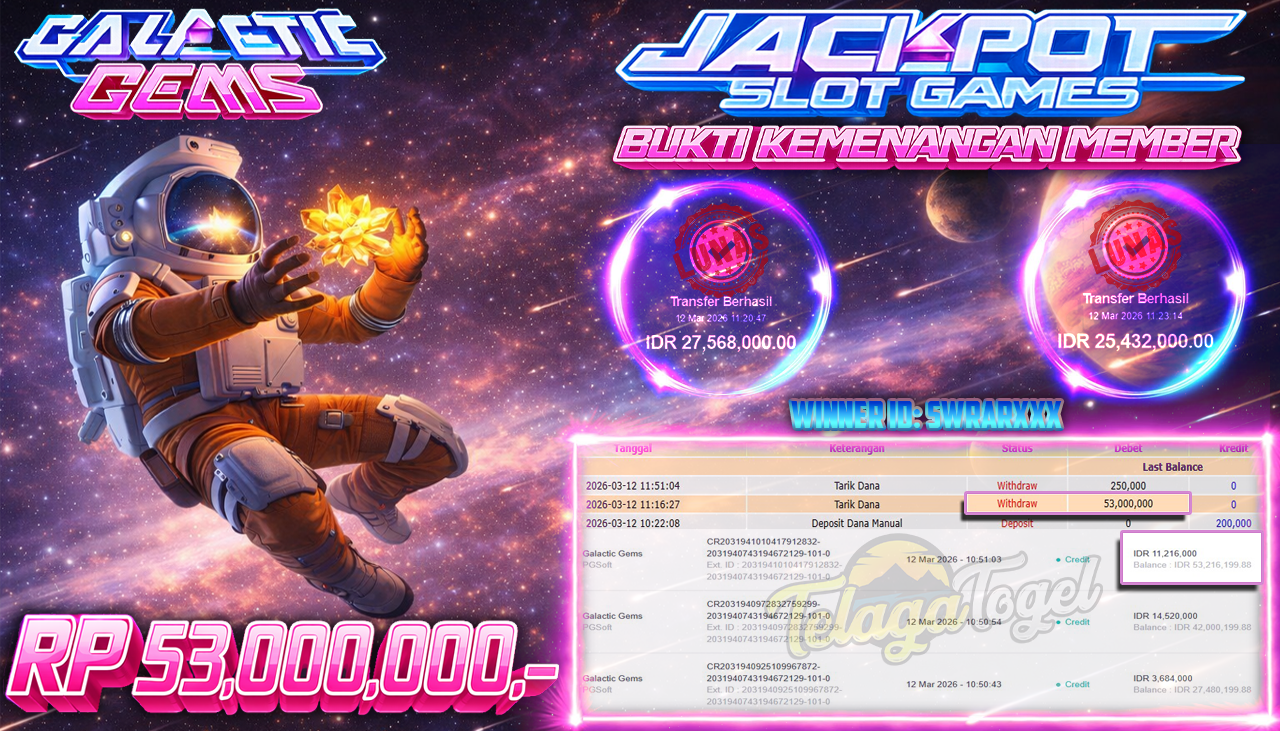 TELAGATOGEL JACKPOT SLOT GALACTIC GEMS ( PG SOFT ) Rp 53,000,000.- LUNAS