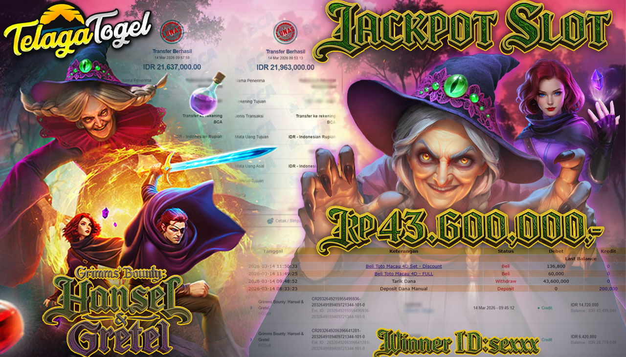 TELAGATOGEL JACKPOT SLOT GRIMMS BOUNTY:HANSEL&GRETEL ( PG SOFT ) Rp 43,600,000.- LUNAS