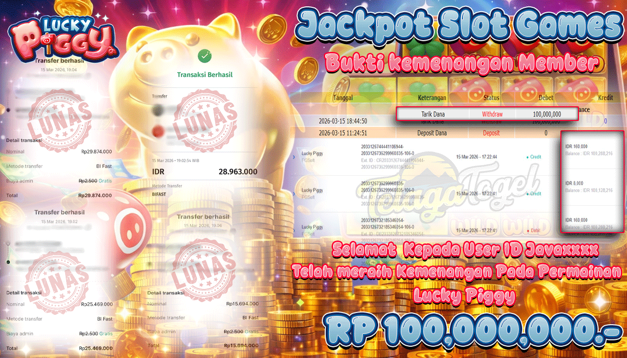 TELAGATOGEL JACKPOT SLOT LUCKY PIGGY ( PG SOFT ) Rp 100,000,000.- LUNAS