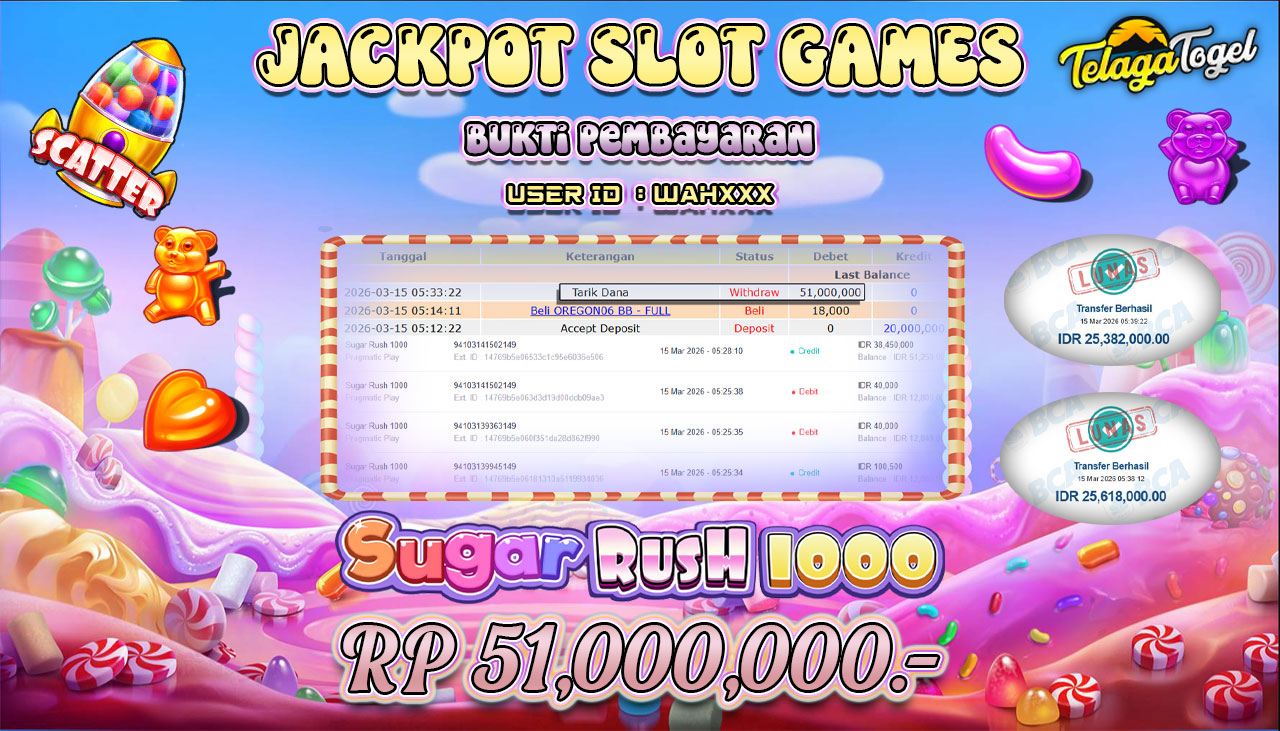 TELAGATOGEL JACKPOT SLOT SUGAR RUSH 1000 ( PRAGMATIC PLAY ) Rp 51,000,000.- LUNAS