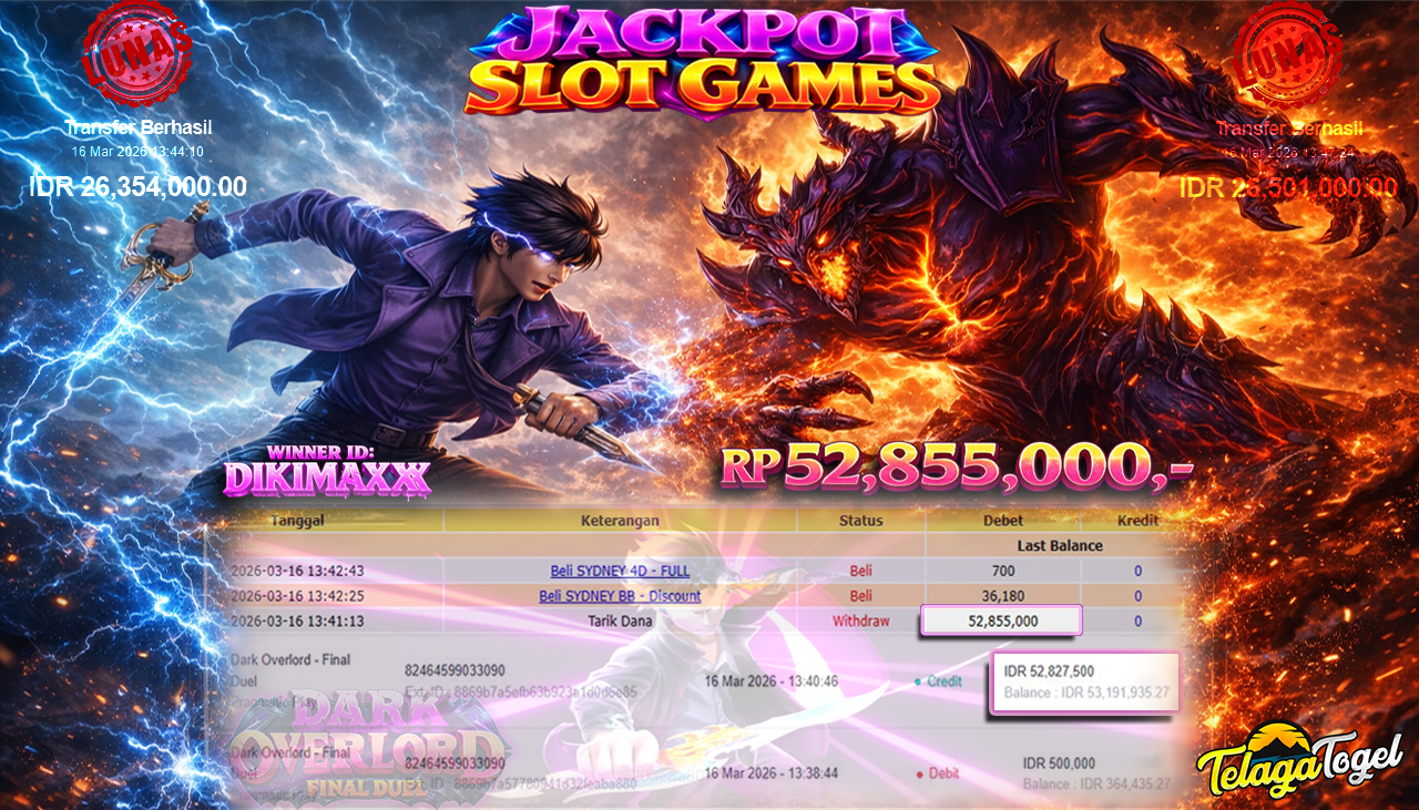 TELAGATOGEL JACKPOT SLOT DARK OVERLORD - FINAL DUEL ( PRAGMATIC PLAY ) Rp 52,855,000.- LUNAS