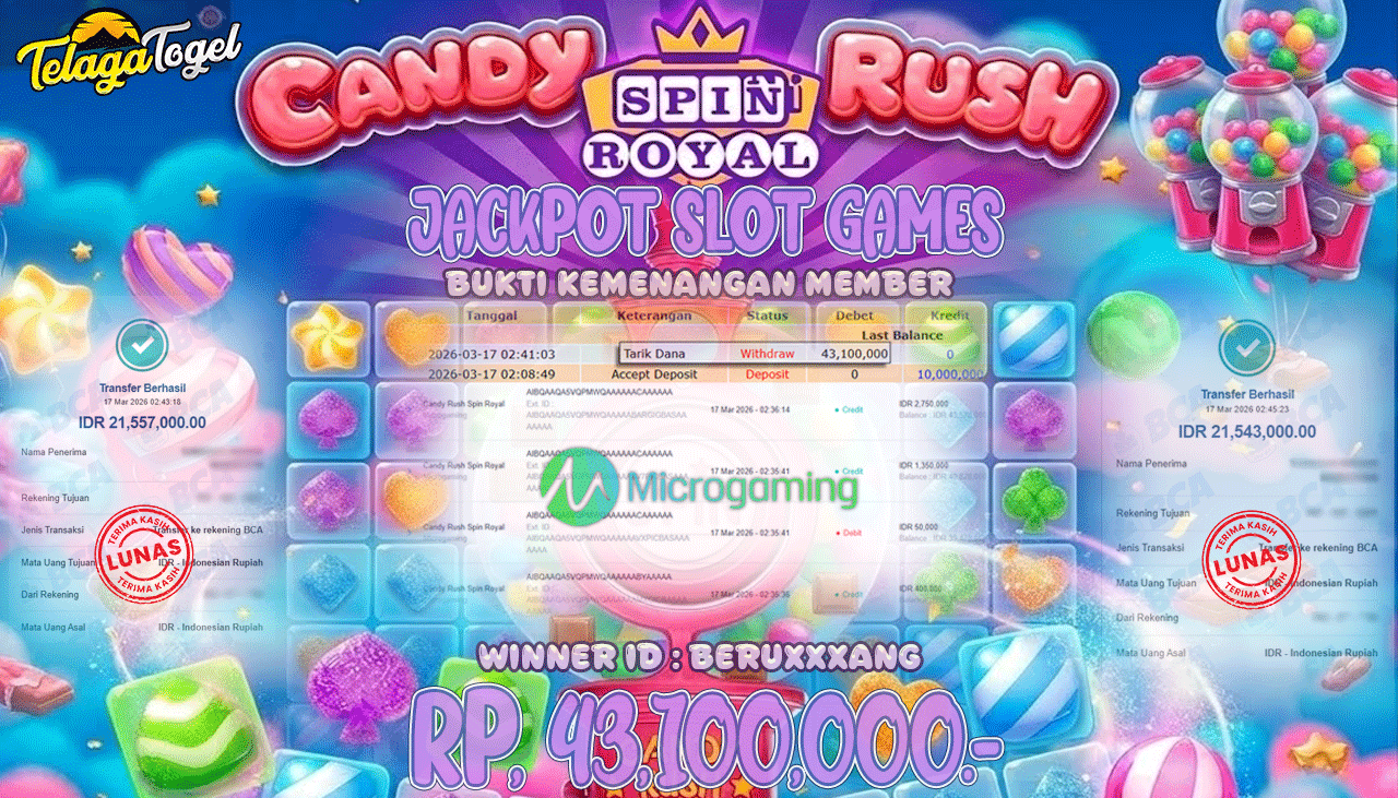 TELAGATOGEL JACKPOT SLOT CANDY RUSH SPIN ROYAL ( MICROGAMING ) Rp 43,100,000.- LUNAS