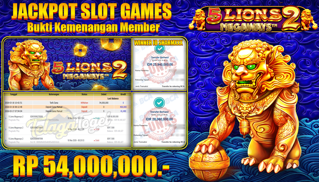 TELAGATOGEL JACKPOT SLOT 5 LIONS MEGAWAYS 2 ( PRAGMATIC PLAY ) Rp 54,000,000.- LUNAS