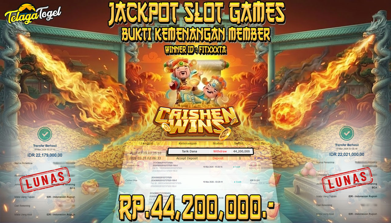 TELAGATOGEL JACKPOT SLOT CAISHEN WINS ( PG SOFT ) Rp 44,200,000.- LUNAS