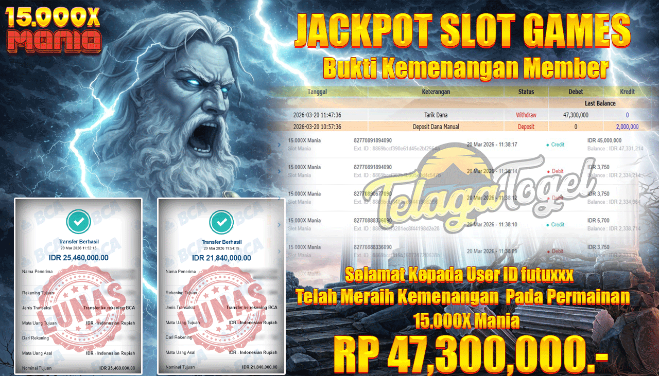 TELAGATOGEL JACKPOT SLOT 15,000x MANIA (SLOT MANIA) Rp 47.300,000.- LUNAS