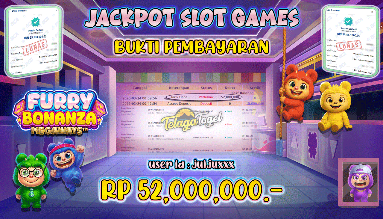 TELAGATOGEL JACKPOT SLOT FURRY BONANZA MEGAWAYS ( PRAGMATIC PLAY ) Rp 52.000,000.- LUNAS