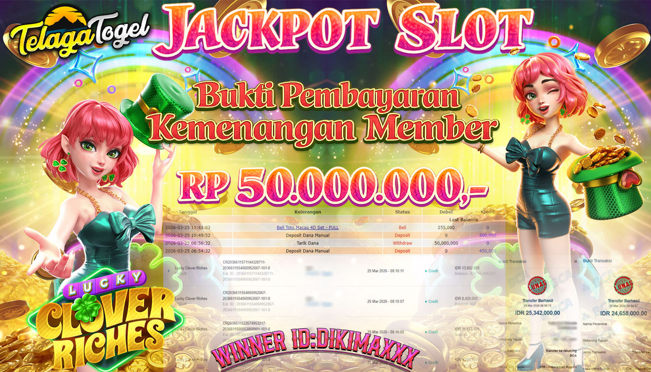 TELAGATOGEL JACKPOT SLOT LUCKY CLOVER RICHES(PG SOFT) Rp 50.000,000.- LUNAS